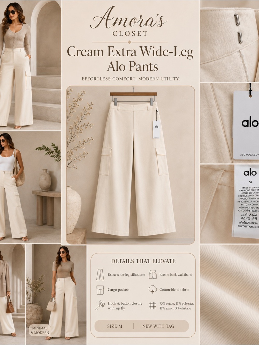 ALO Yoga Cream Extra-Wide Leg Cargo Pants